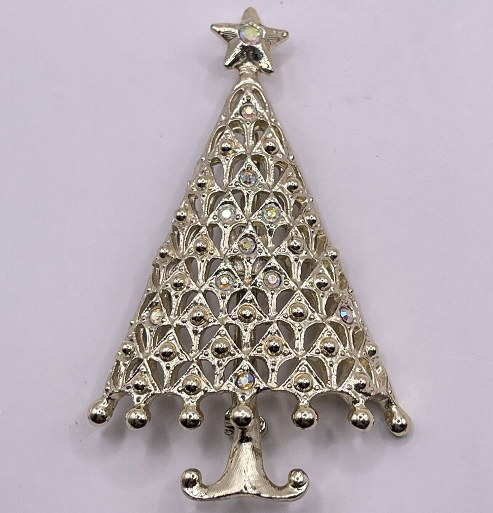 Vintage TANCER II Silver & Rhinestone Christmas Tree Brooch Pin Shiny Estate